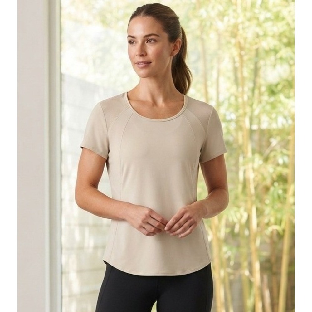 RBX Active Mesh Trim Top Women's L Beige Stretch Athletic Short Sleeve Workout